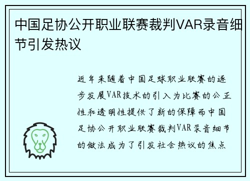 中国足协公开职业联赛裁判VAR录音细节引发热议
