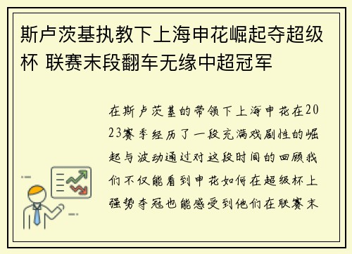 斯卢茨基执教下上海申花崛起夺超级杯 联赛末段翻车无缘中超冠军 斯卢茨基执教下上海申花崛起夺超级杯 联赛末段翻车无缘中超冠军